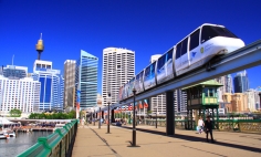 Sydney Monorail across Pyrmont bridge with City skyline